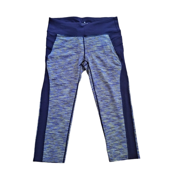 Athleta Prisma Tangram Navy Blue Striped Athletic Athleisure Capri Leggings szM - Picture 1 of 6